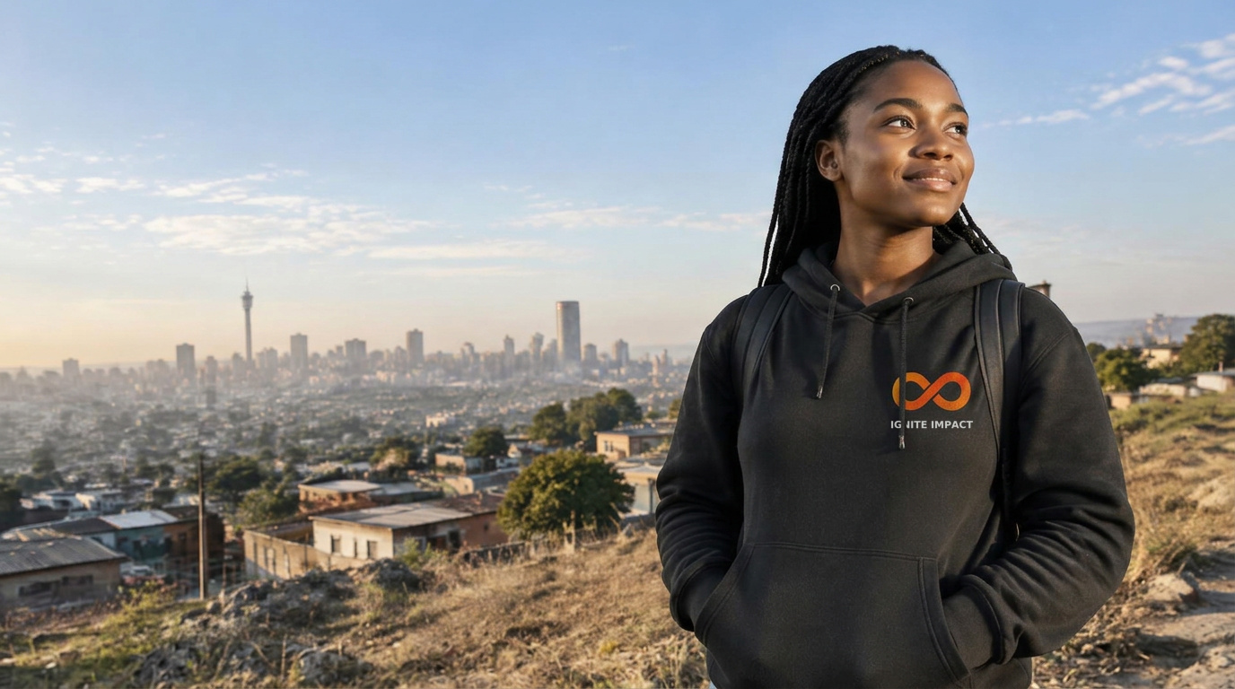 A young woman wearing an Ignite Impact hoodie, looking up toward the sky with the Johannesburg skyline and township behind her